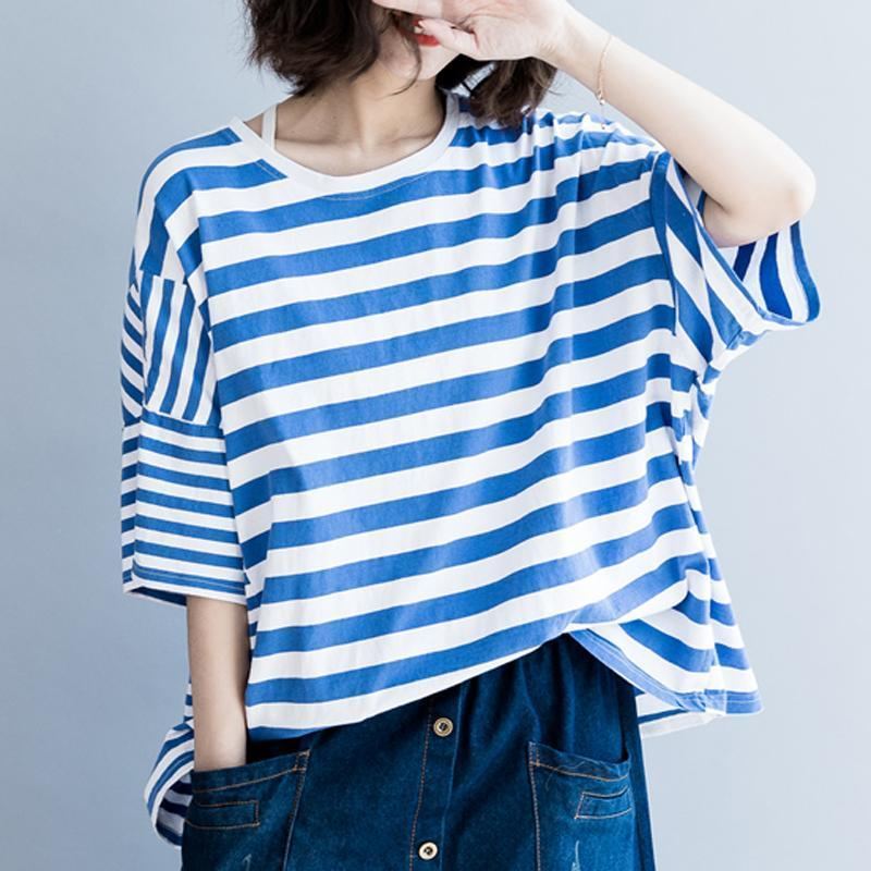 Dam Bomull Casual Stripes Lös T-shirt