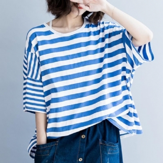 Dam Bomull Casual Stripes Lös T-shirt