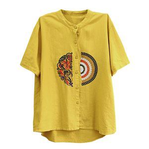 Dam Sommar Bomull Linne Retro Broderi T-shirt