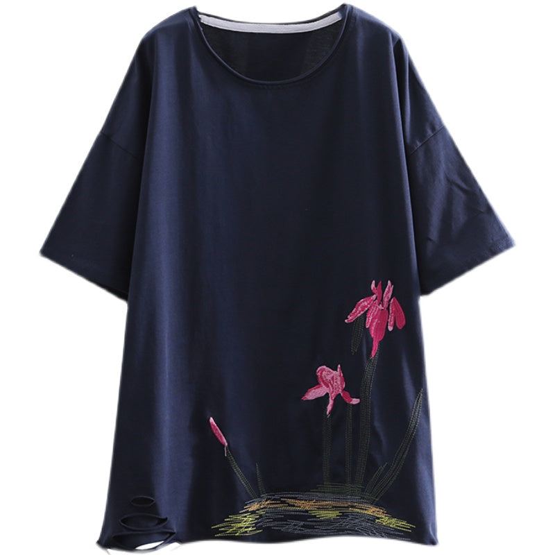 Dam Sommar Retro Blommor Broderi T-shirt I Bomull