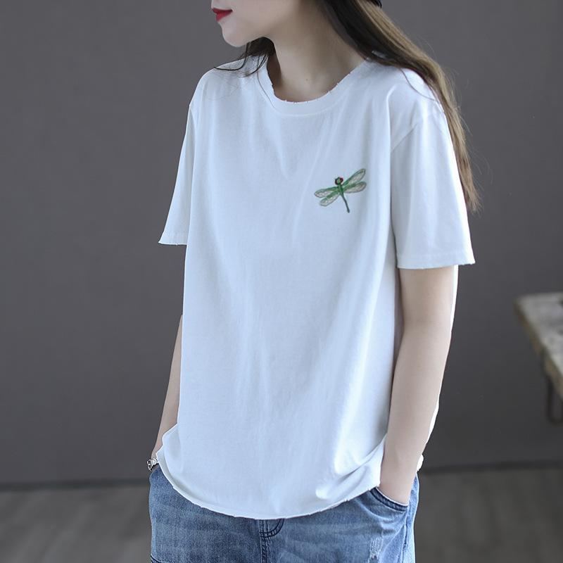 Dam Sommar Retro Dragonfly Broderi T-shirt I Bomull