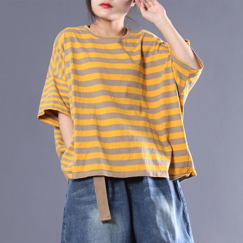 Kvinnor Casual Slit Stripes T-shirt Med Bomullsficka