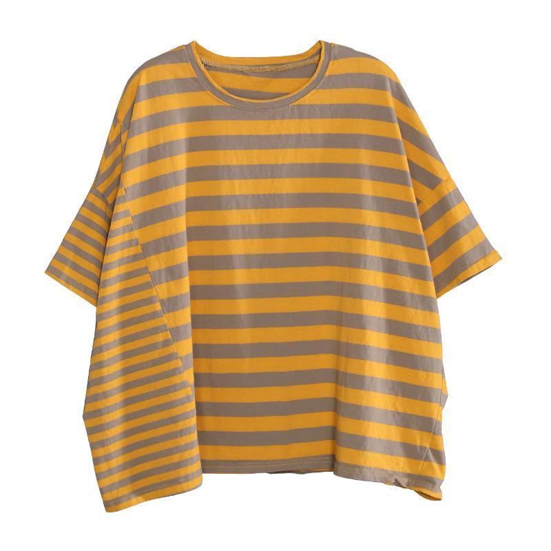 Kvinnor Casual Slit Stripes T-shirt Med Bomullsficka