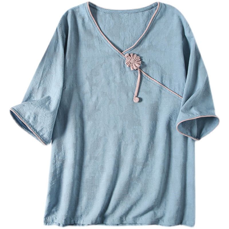 Sommar T-shirt I Bomull Linne Skew Collar