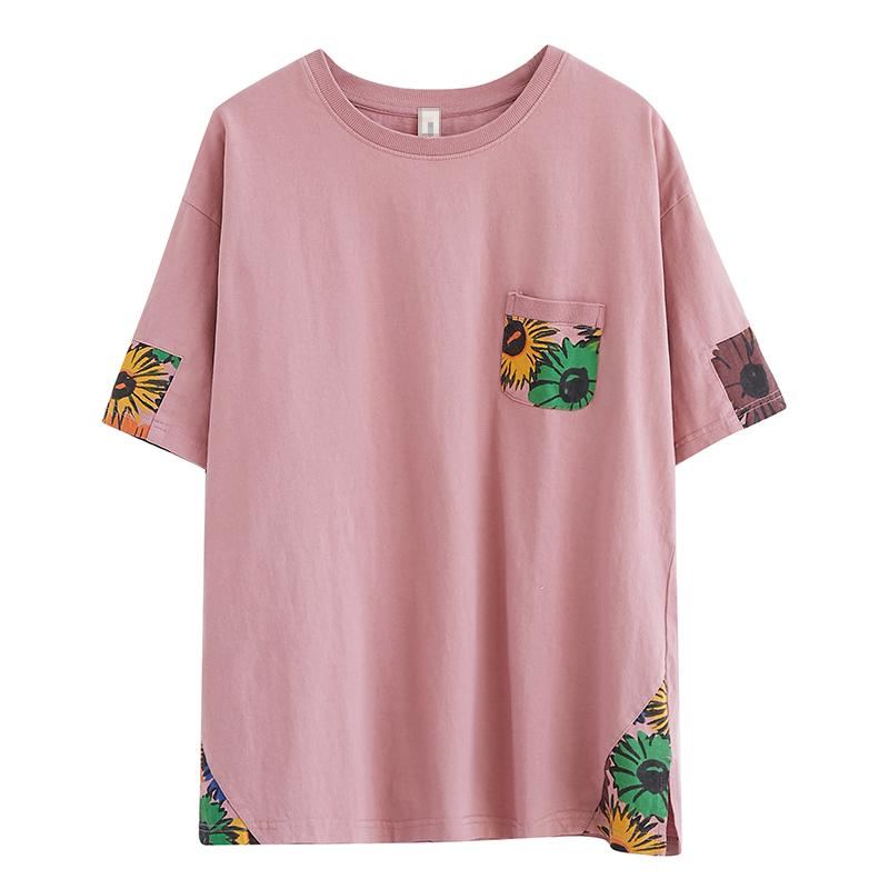 Sommar T-shirt I Bomull Med Lös Blommig Ficka