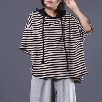 Stripes Cotton Casual Lös Hood High Low T-shirt