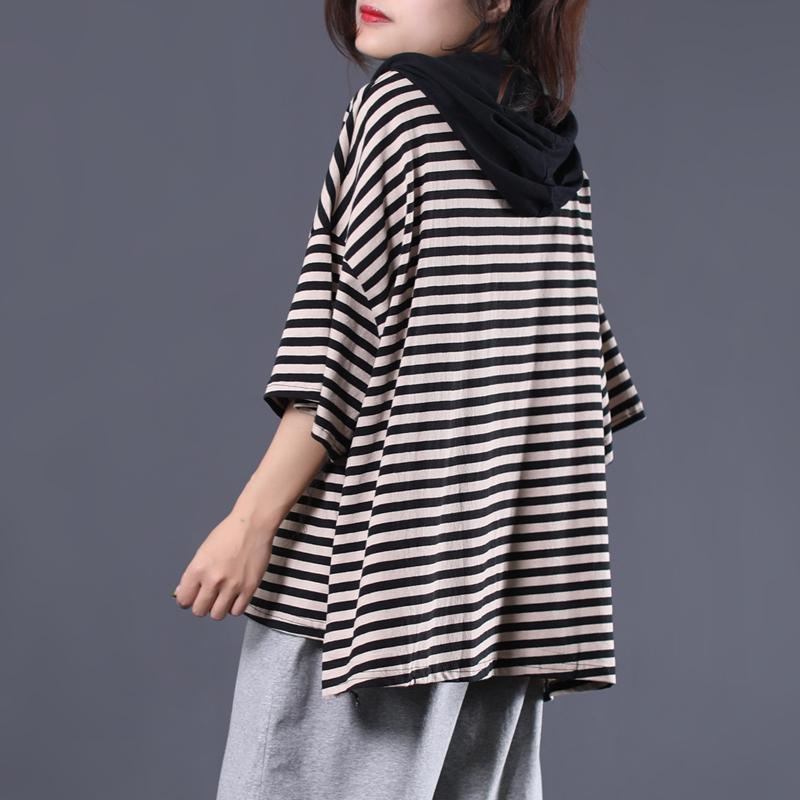 Stripes Cotton Casual Lös Hood High Low T-shirt