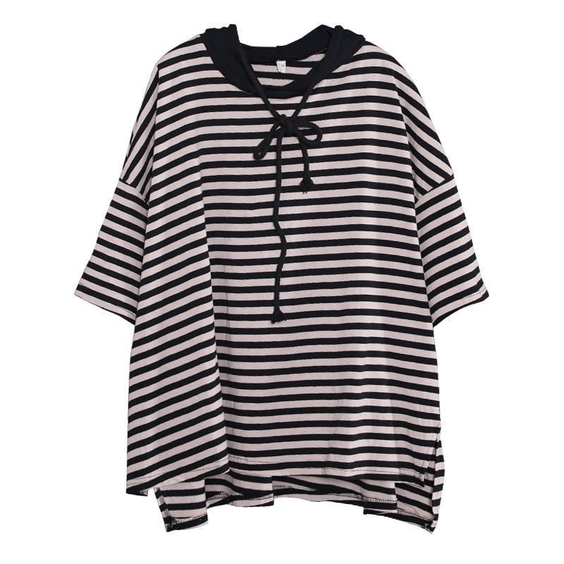 Stripes Cotton Casual Lös Hood High Low T-shirt