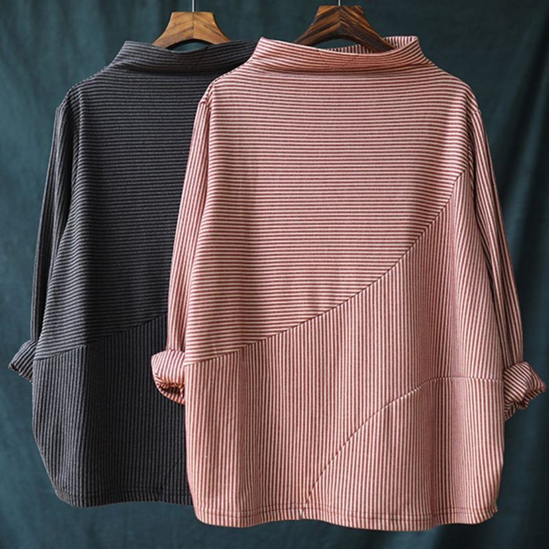 Stripes Stand Collar Casual Loose Fit T-shirt Blus