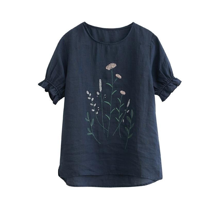 Vår Sommar Lös Casual Blommig Broderi Linne T-shirt