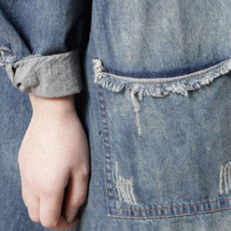 Burr Loose Round Neck Ragged Pocket Denim Klänning