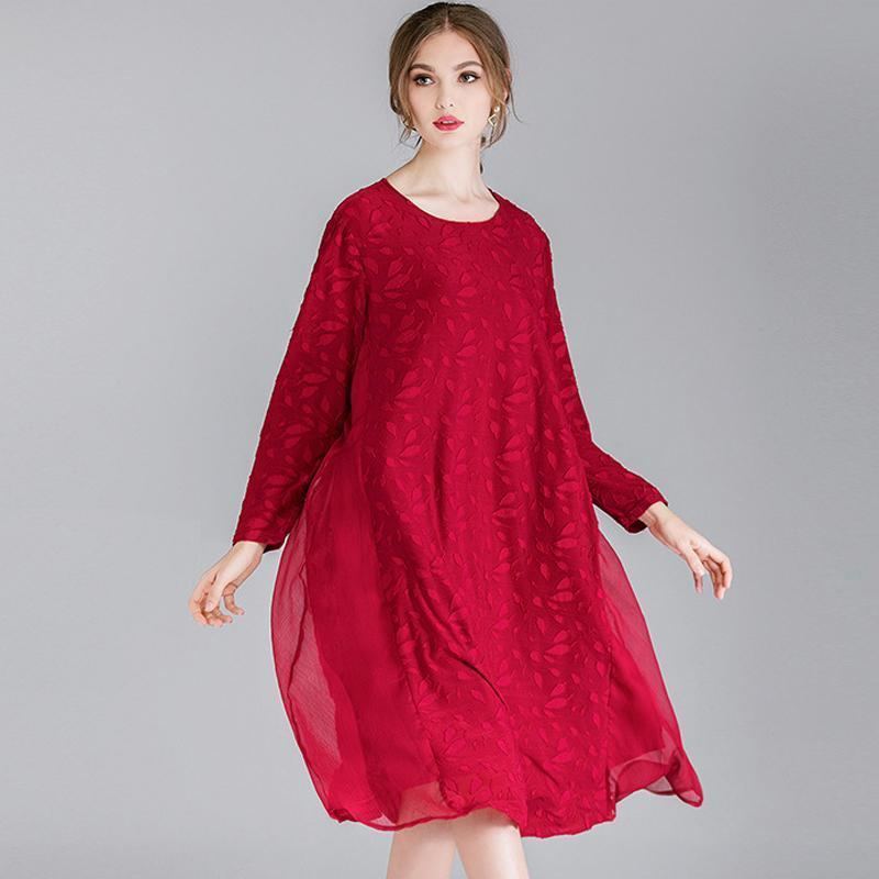 Kvinnor Plus Size Devore Cotton Solid Lace Långärmad Klänning