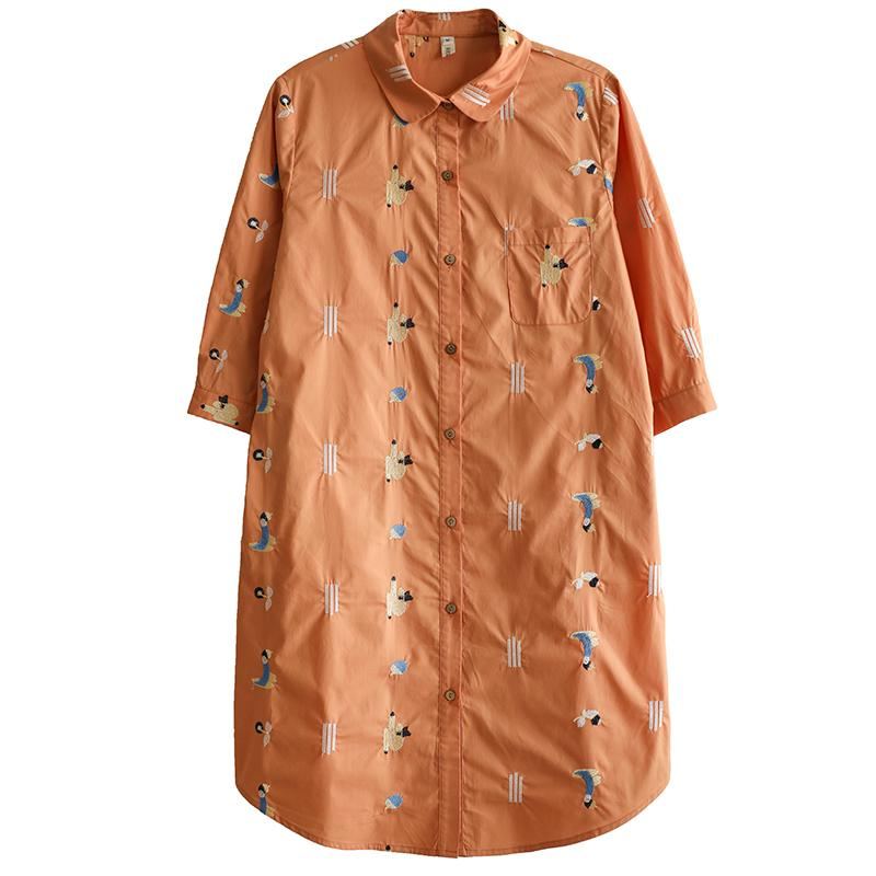 Lös Casual Broderi Orange Mellanlång Skjortklänning