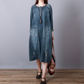 Lös Retro Cotton Denim Ripped Midi Dress