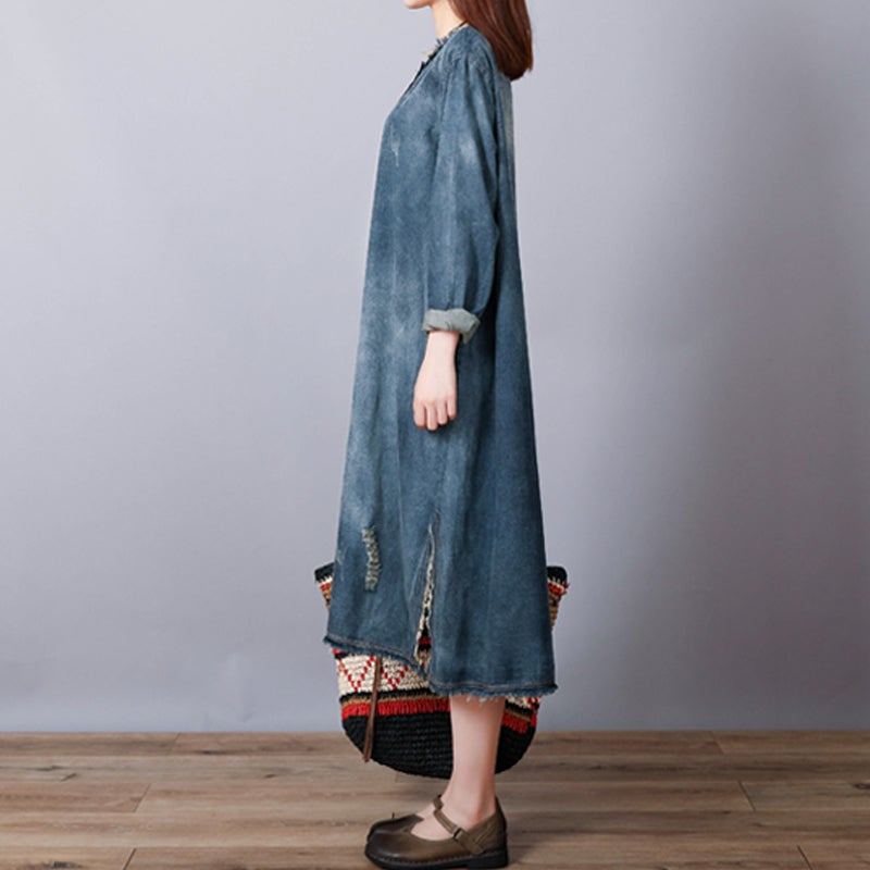 Lös Retro Cotton Denim Ripped Midi Dress