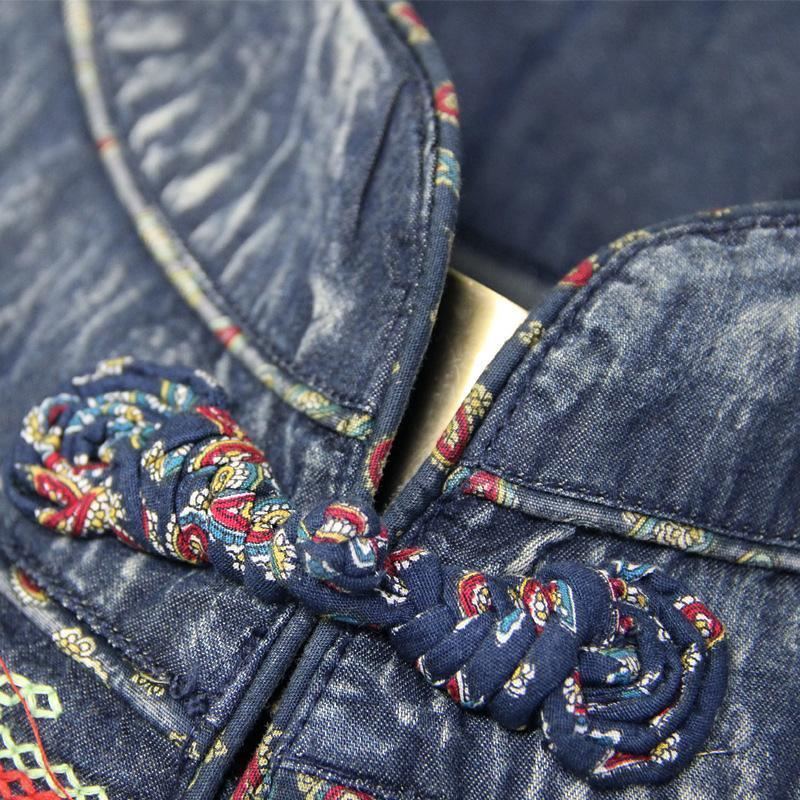 Midjebälte Broderi Vintage Dam Denim Långärmad Klänning