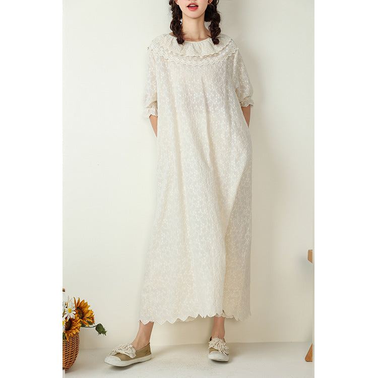 Plus Size Bomull Linne Vintage Broderi Lös Klänning