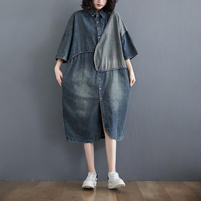 Plus Size Retro Kortärmad Lös Denim Skjorta Klänning