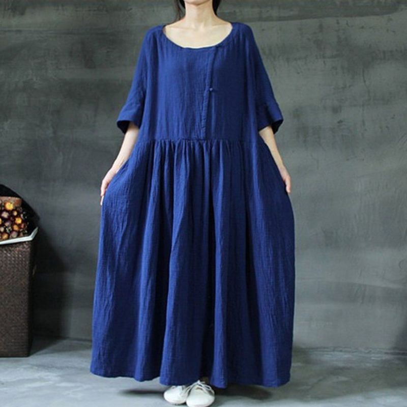 Plus Size Solid Rich Linne Loose Shift Gathered Dress M-5xl