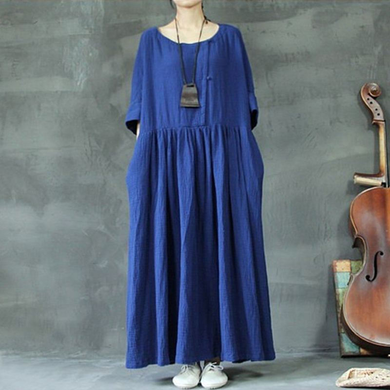 Plus Size Solid Rich Linne Loose Shift Gathered Dress M-5xl