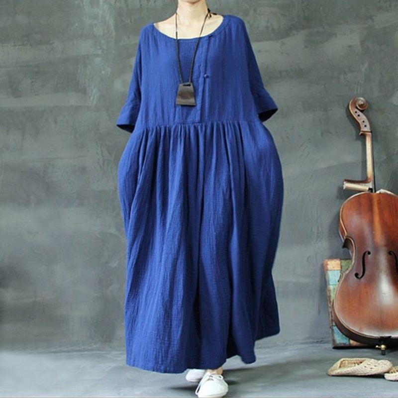 Plus Size Solid Rich Linne Loose Shift Gathered Dress M-5xl