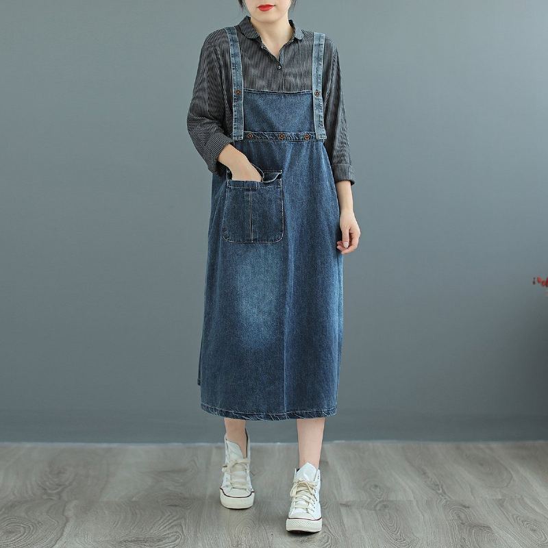 Plus Size Suspender Pocked Loose Denim Strap Dress