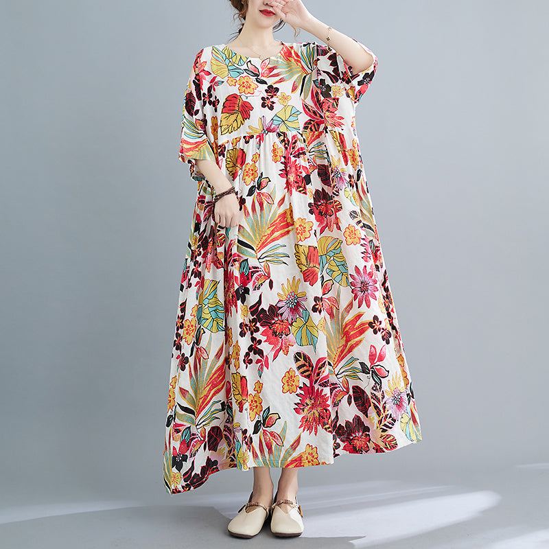 Plus Size Vår Sommar Retro Blommig Kortärmad Klänning I Bomull