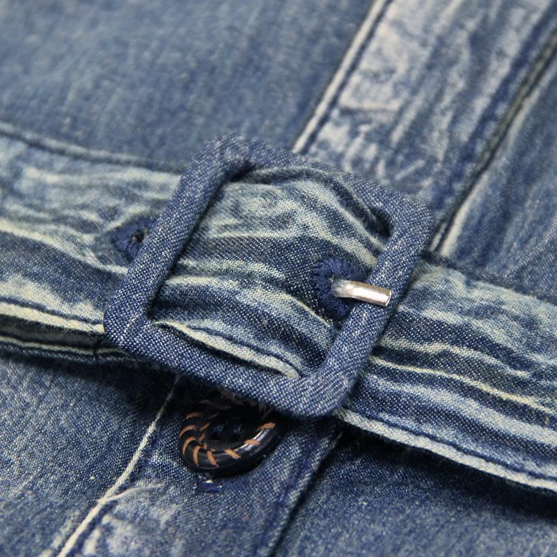 Polokrage Träspänne Vintage Broderi Denim Långärmad Klänning