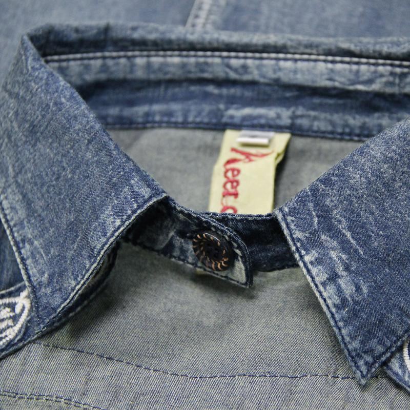 Polokrage Träspänne Vintage Broderi Denim Långärmad Klänning