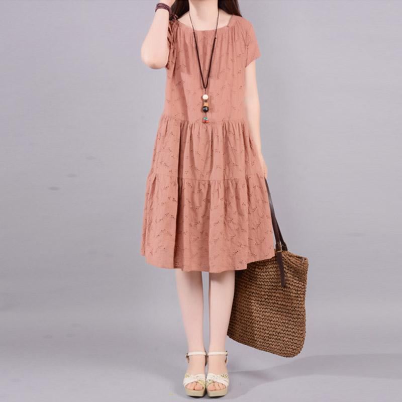 Sommar Causal Broderi Hollow Cotton Linne Midi Dress