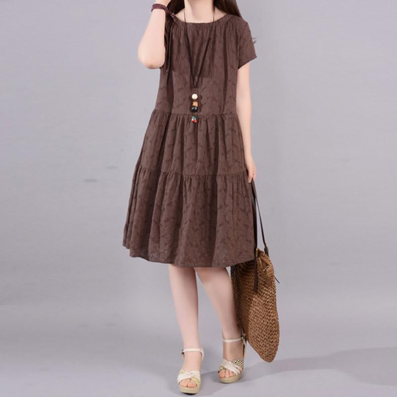 Sommar Causal Broderi Hollow Cotton Linne Midi Dress