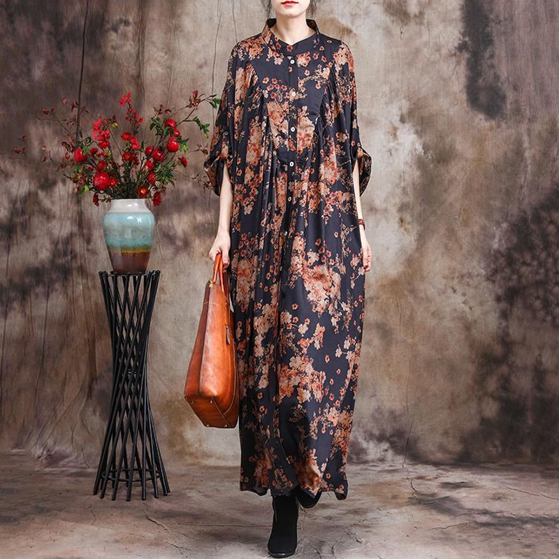 Spring Plus Size Bat-sleeve Printed Floral Shirt Dress