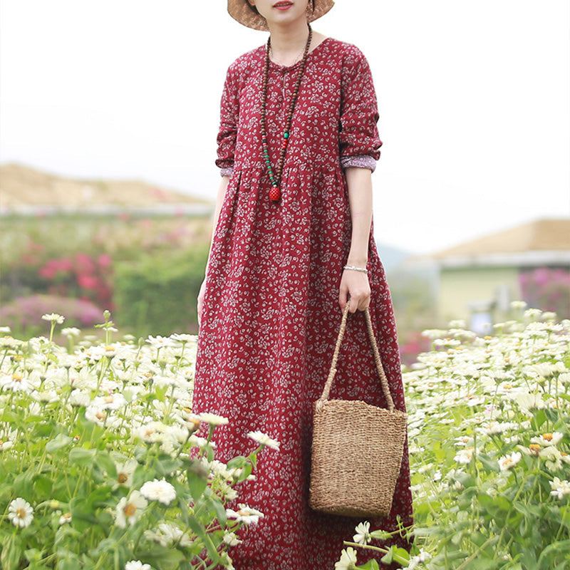 Spring Vintage Blommig Bomull Linne Lös Klänning