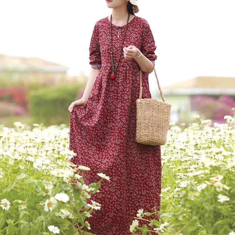 Spring Vintage Blommig Bomull Linne Lös Klänning