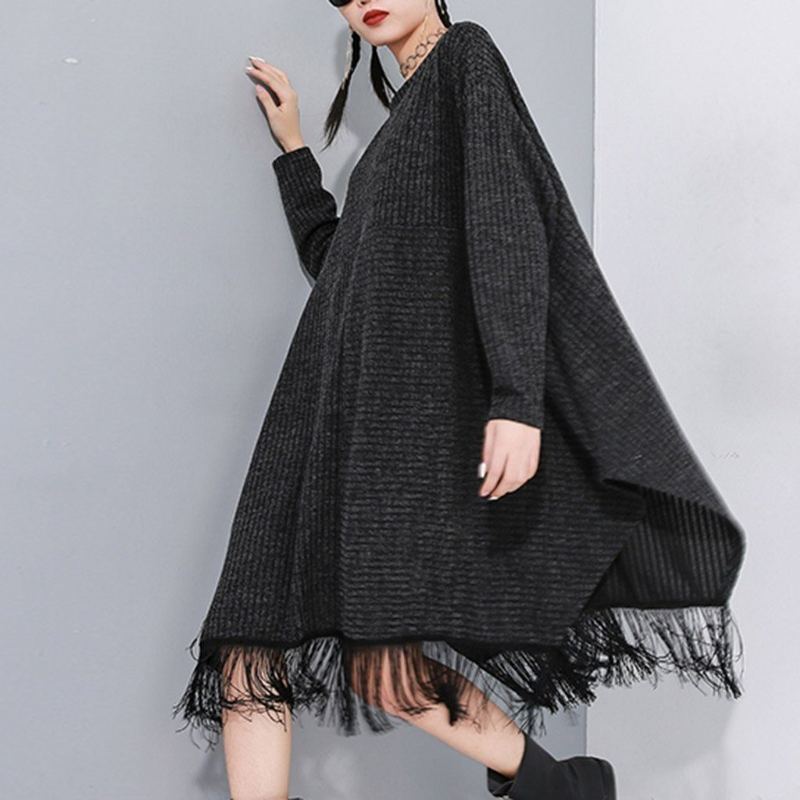 Stitched Fransed Bat Sleeve Sweater Dress