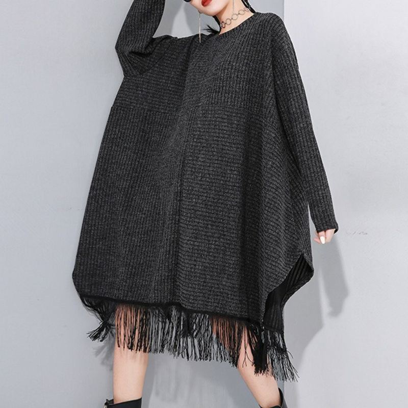 Stitched Fransed Bat Sleeve Sweater Dress