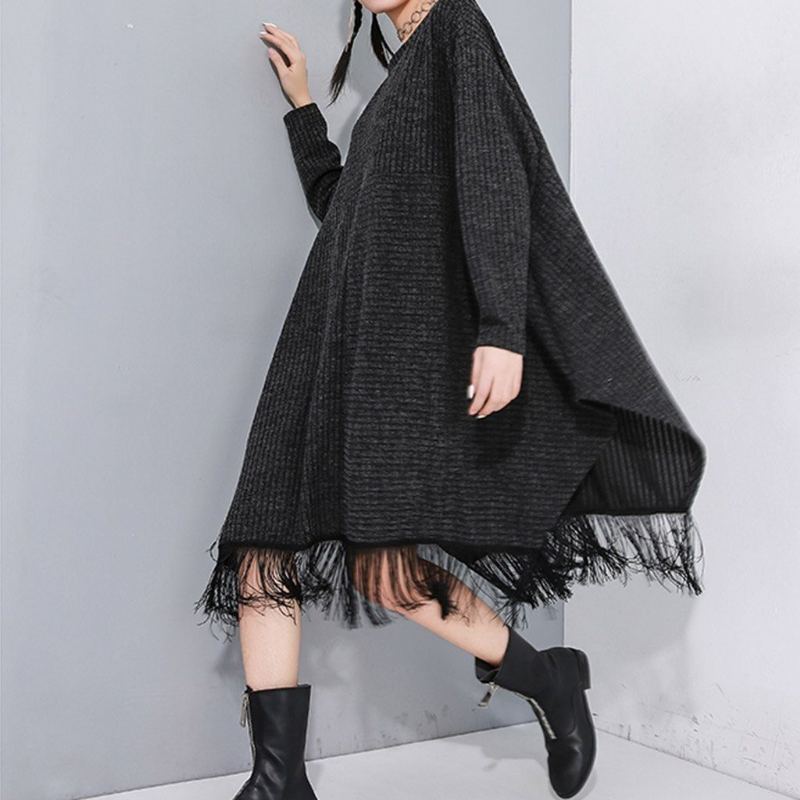 Stitched Fransed Bat Sleeve Sweater Dress