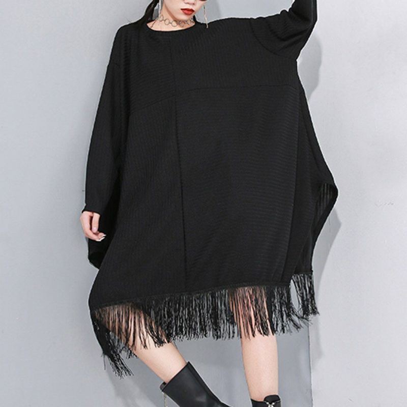 Stitched Fransed Bat Sleeve Sweater Dress