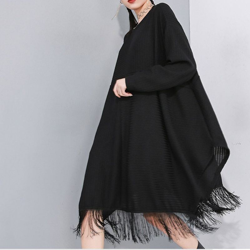 Stitched Fransed Bat Sleeve Sweater Dress