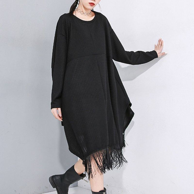 Stitched Fransed Bat Sleeve Sweater Dress