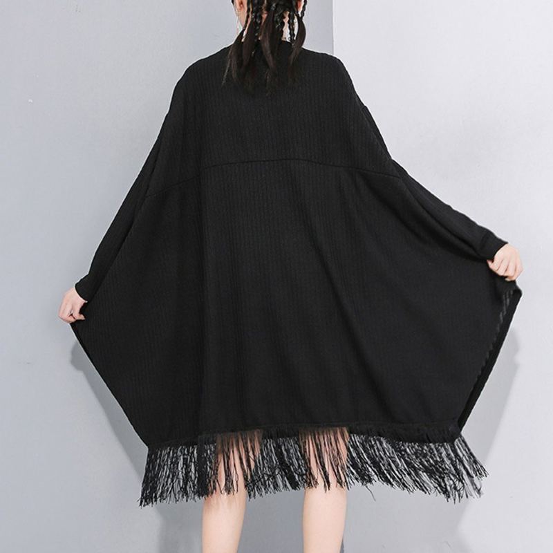 Stitched Fransed Bat Sleeve Sweater Dress