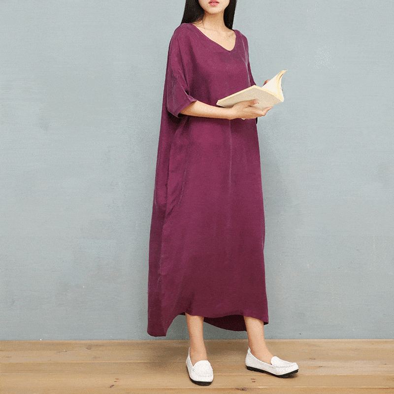 Summer Copper V-neck Drop Shoulder Robes Sidenklänning