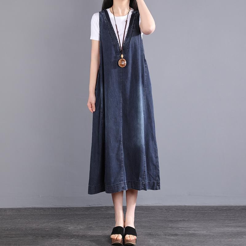 Summer V-neck Parchwork Pullove Cotton Denim Dress