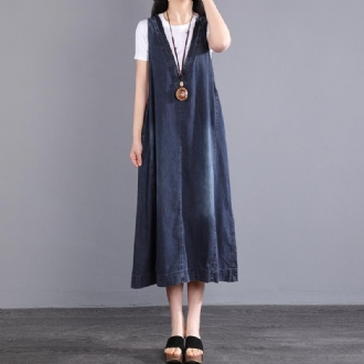 Summer V-neck Parchwork Pullove Cotton Denim Dress