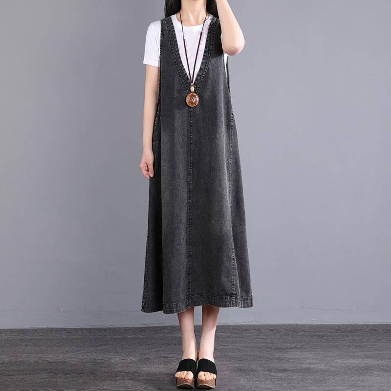 Summer V-neck Parchwork Pullove Cotton Denim Dress