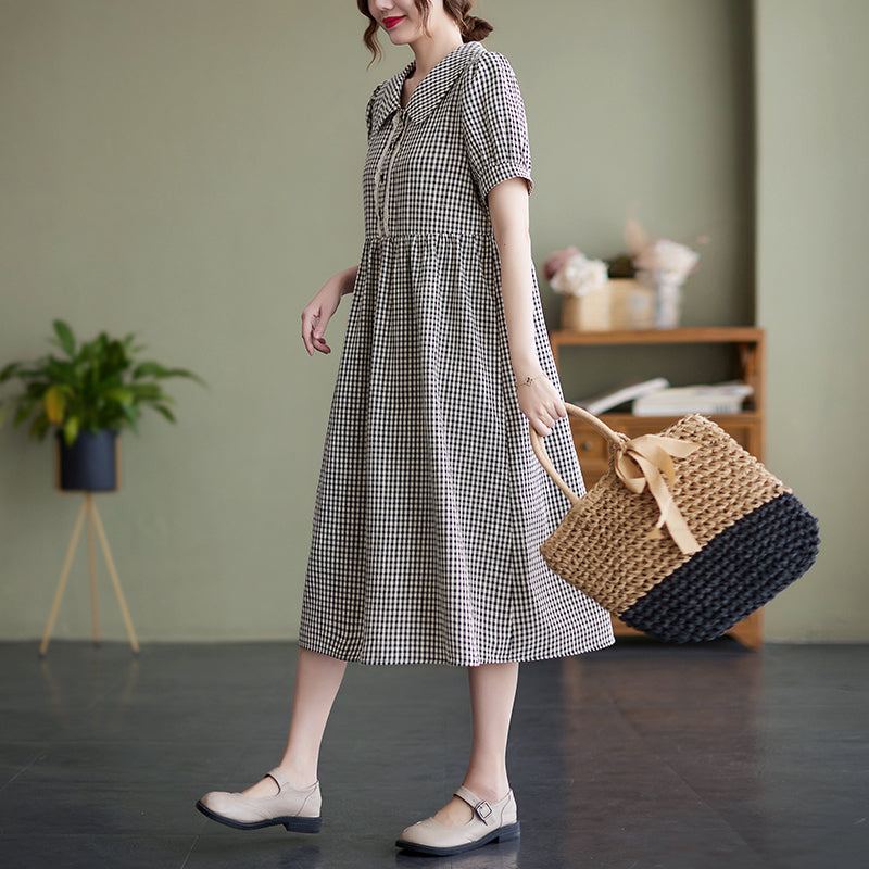 Summer Vintage Polo Collar Pläd Midi Dress