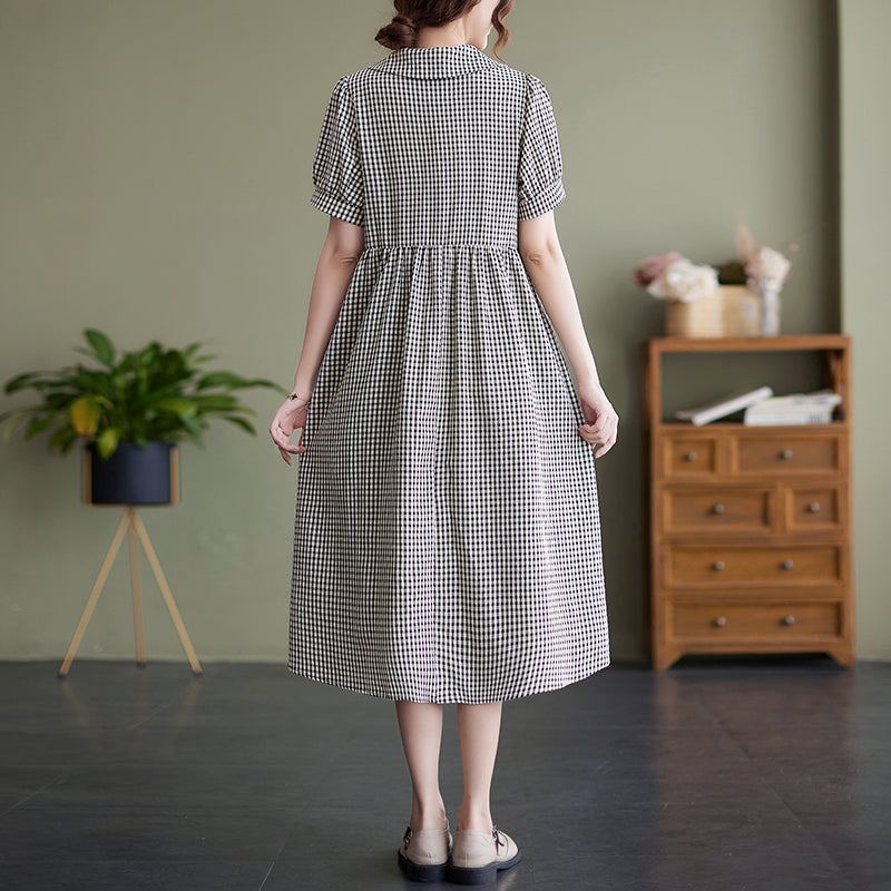 Summer Vintage Polo Collar Pläd Midi Dress