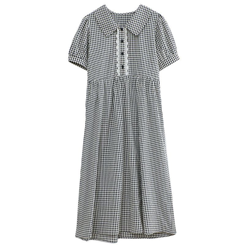 Summer Vintage Polo Collar Pläd Midi Dress