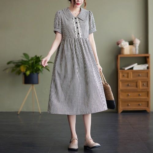 Summer Vintage Polo Collar Pläd Midi Dress