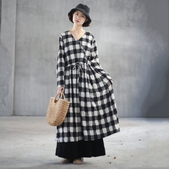 V-ringad Gingham Linen Swing Dress